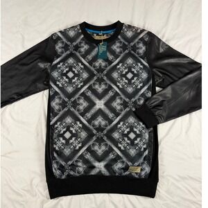 Entree LS Mens Large Black Faux Leather Sleeve Kaleidoscope Print Sweatshirt NWT